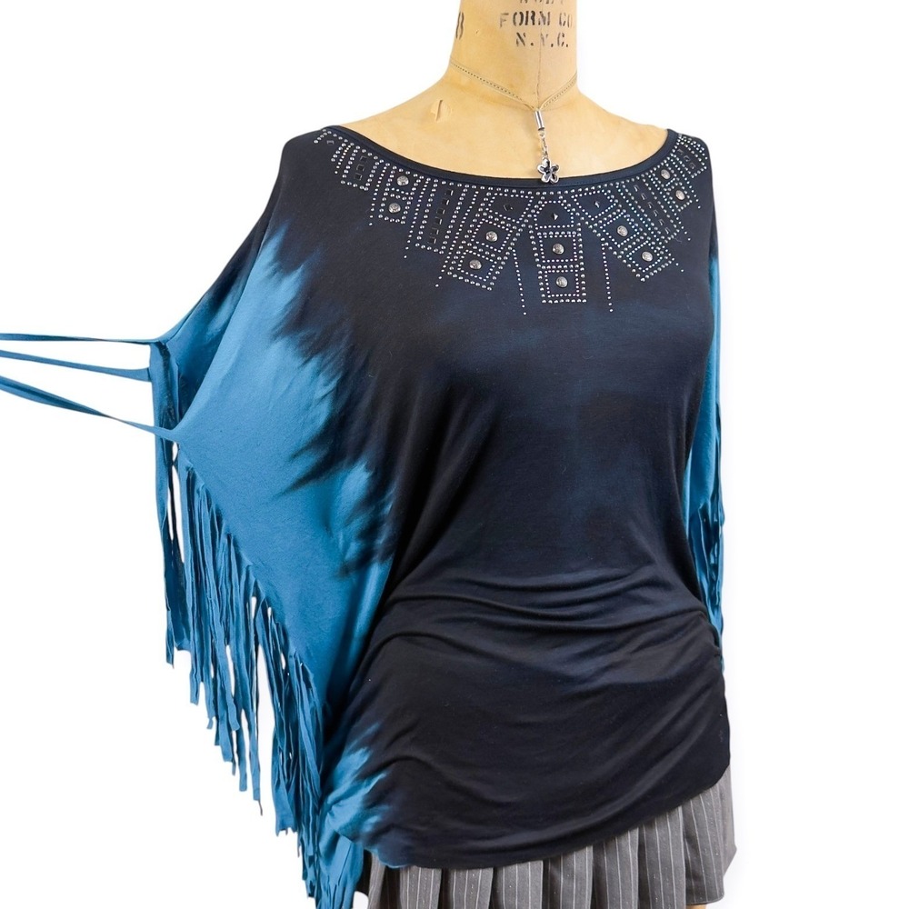Boho Fairy Fringe Dolman Sleeve Top Ombre Studded Neckline Size S Western Hippie